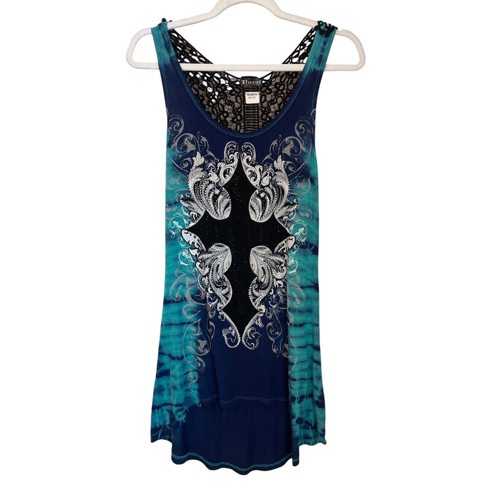 Vocal Size M Cross Rhinestone Crochet Back Long Tank Top Y2K Grunge Western